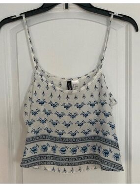 H&M Divided Women Floral Crop Top Size 8 Sheer White with Blue Flowers